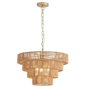 6-Light Yellow Bohemian Drum Hanging Pendant Light with 4-Tier Woven Shade