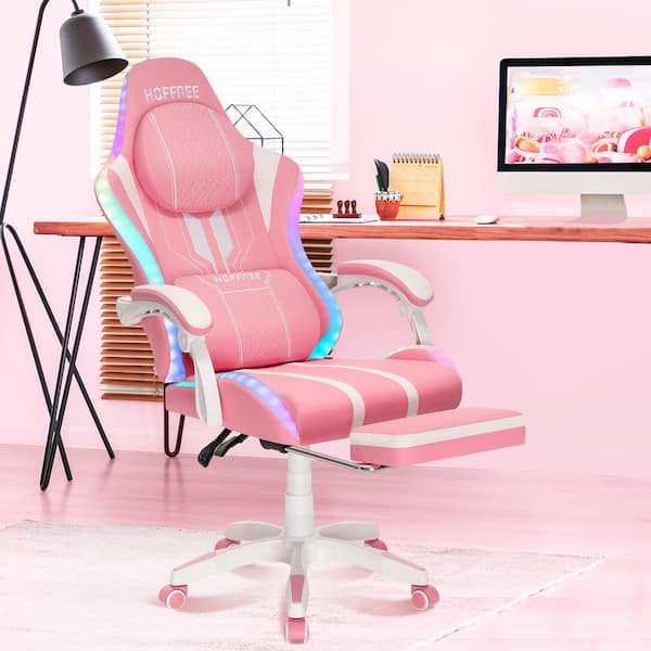 Hoffree Faux Leather Massage Ergonomic Gaming Chair Big and Tall Game Chair in Pink with Bluetooth Speakers LED Lights Footrest