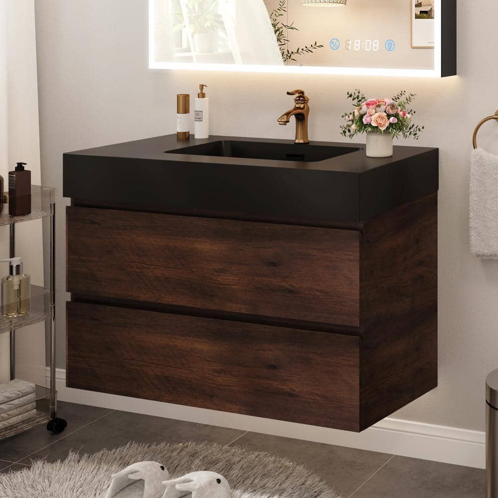 nozominnn♡ FAMYYT 36 in. W Single Sink Floating Bath Vanity in Walnut with