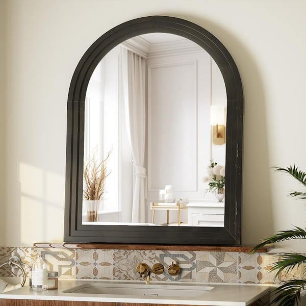 30 in. W x 40 in. H Large Arched Wooden Black Framed Wall Vanity Mirror Bathroom Mirror