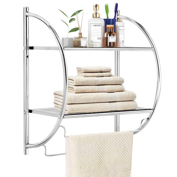 2-Tier Wall Mounted Towel Rack Bathroom Organizer Storage Stand w/ Shelf &  Hooks
