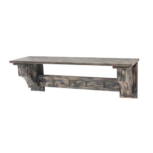 Benjara 30 in. x 8 in. 9.75 in. Distressed Black Wooden Wall Shelf with 4-Hooks and Carved Side Frames