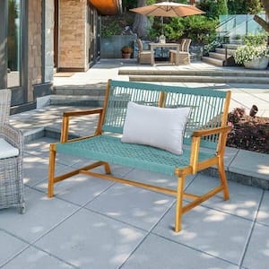 2-Person Natural Wood and Turquoise Fabric Outdoor Bench