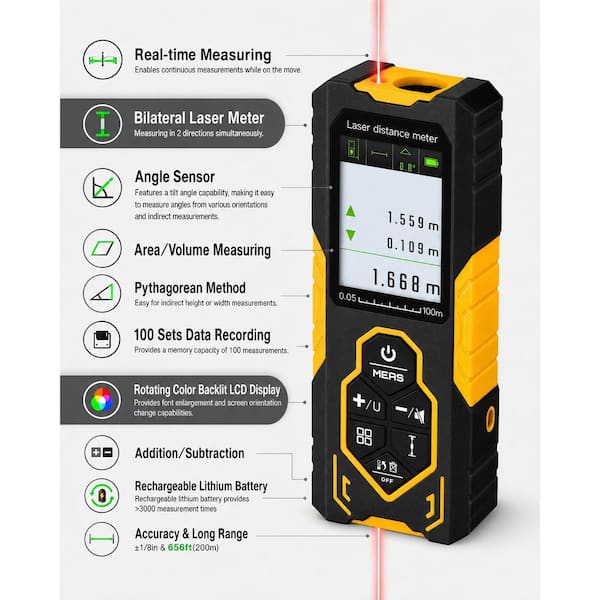 656 ft. Bidirectional Laser Distance Measure with Multi-Modes, Rechargeable Battery and Auto-Rotating Display