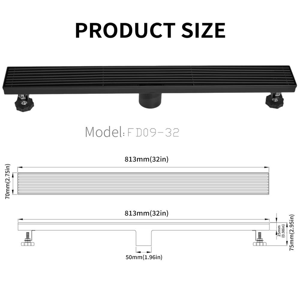 32'' Matte Black Stainless Steel Linear Shower Drain with Slot Pattern Cover