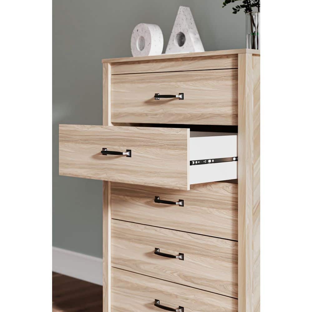 Tan Oak Grain Mid-Century 5-Drawer Dresser with Chevron Pattern