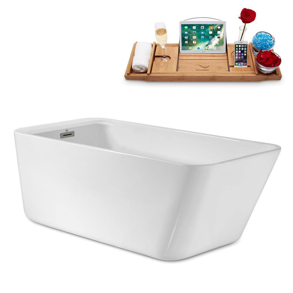59" Glossy White Acrylic Freestanding Soaking Bathtub with Bamboo Tray