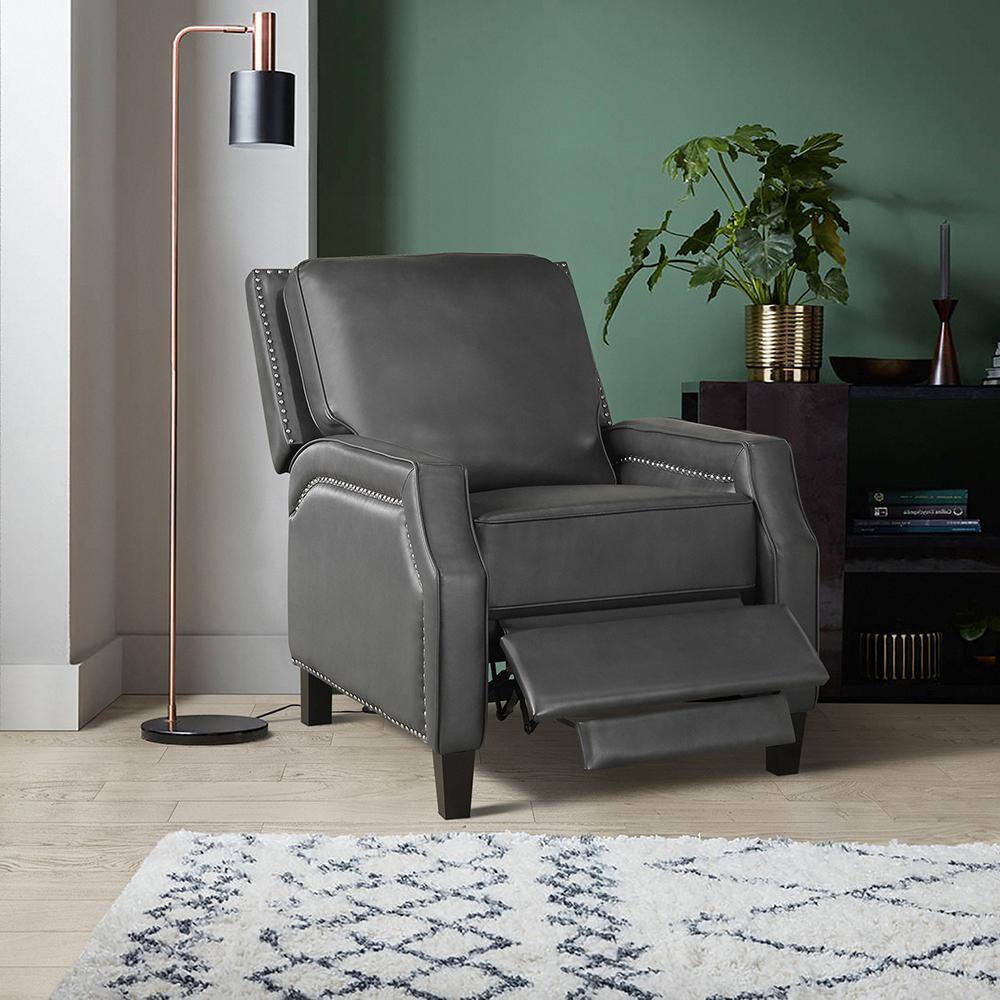 Gray Faux Leather Push Back Recliner with Nailhead Trim