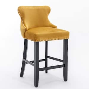 37 in. Gold Wing-Back Wood 12 in. Leisure Style Bar Stool with Button Tufted and Chrome Nailhead(Set of 2)