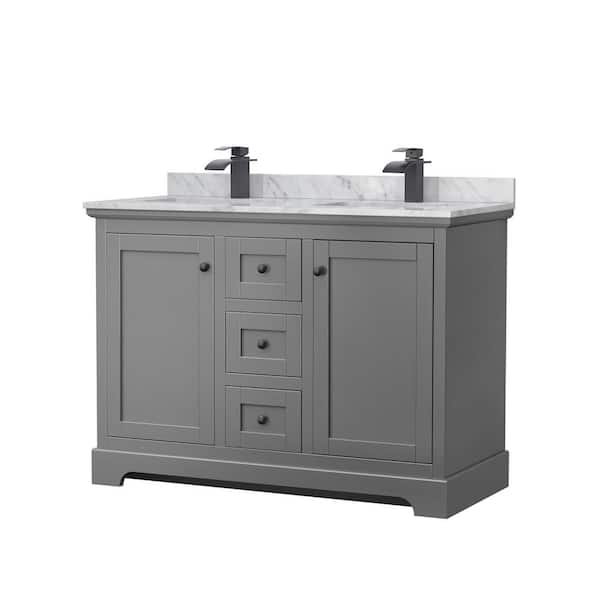 Wyndham Collection Avery 48 in. W x 22 in. D x 35 in. H Double Bath Vanity in Dark Gray with White Carrara Marble Top