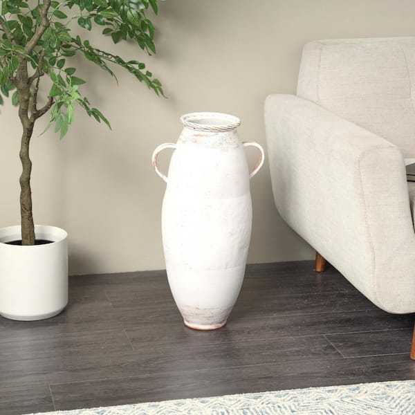 Litton Lane 24 in. White Metal Decorative Vase with Antique Distressing and Terracotta Accents