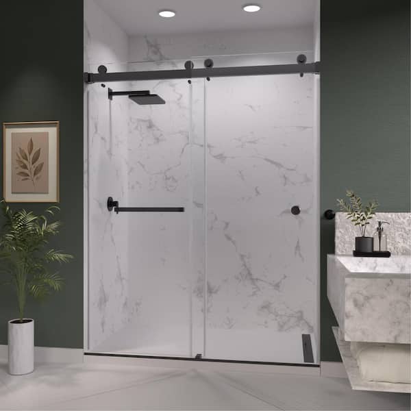 CatalystFP 66 in. W x 76 in. H Double Sliding Frameless Shower Door in Matte Black with 3/8 in. Clear Glass