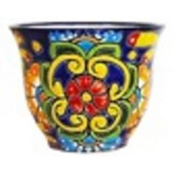 Ravenna Pottery Talavera 9 in. Blue Floral Classic Ceramic Planter