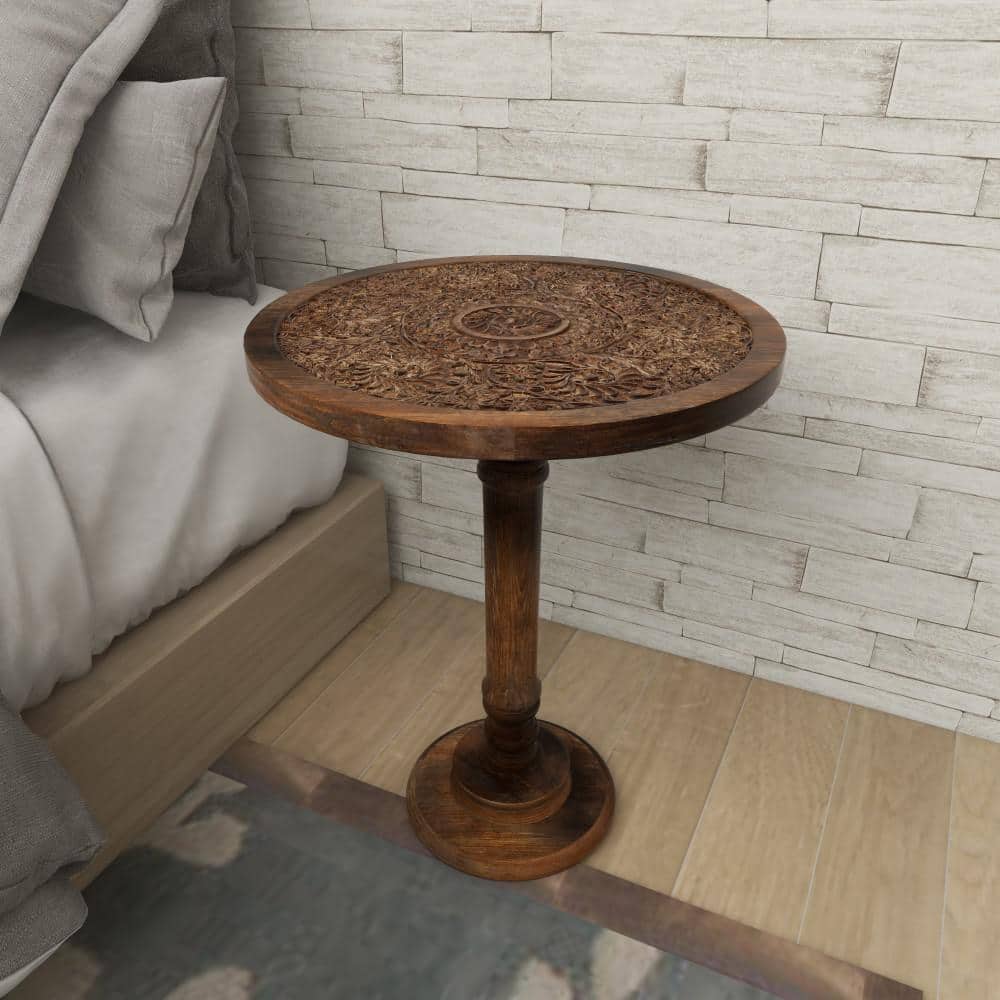Majestic Floral Carved Dark Brown Mango Wood Round Accent Table