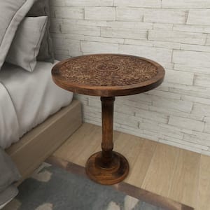 17 in. Dark Brown Handmade Intricately Carved Floral Large Round Wood End Accent Table