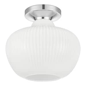 Pompton 12 in. 1-Light Chrome Semi-Flush Mount Ceiling Light Fixture with White Ribbed Glass