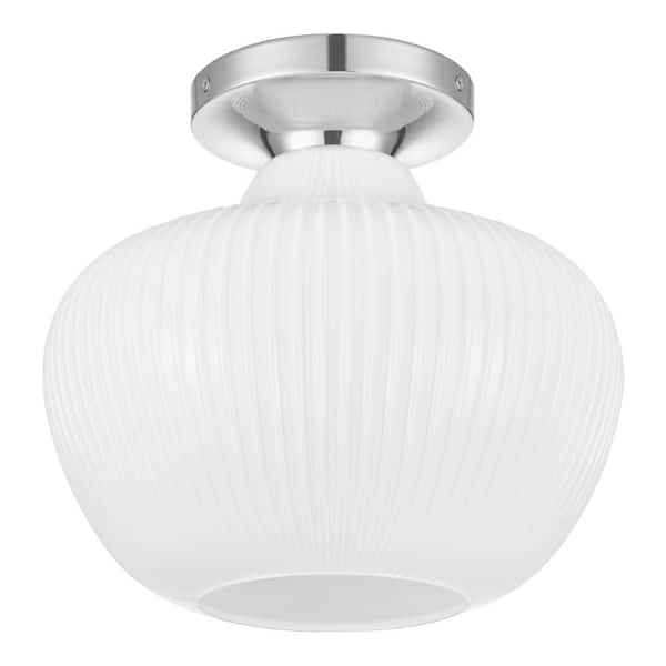 Pompton 12 in. 1-Light Chrome Semi-Flush Mount Ceiling Light Fixture with White Ribbed Glass
