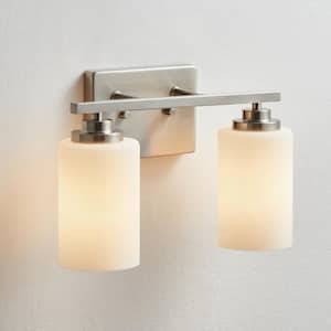 13 in. 2-Light Brushed Nickel Vanity Light with Frosted White Glass Shade