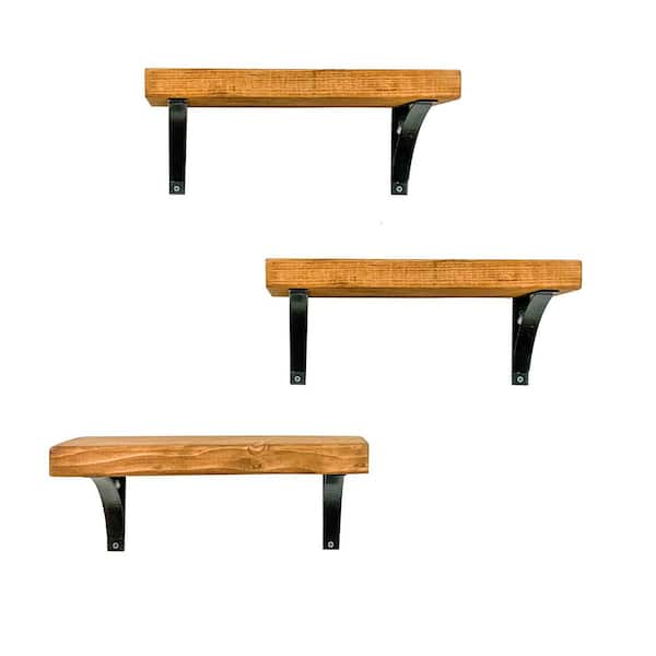 Intrinsic Haven Industrial Grace 16 in. W x 5.5 in. D Light Brown Pine Wood (Set of 3) Simple Bracket Decorative Wall Shelf Set