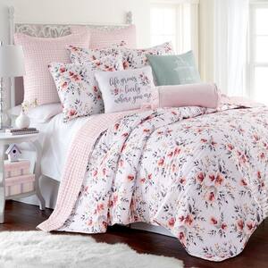 Adeline 3-Piece Blush Pink Floral/Checked Microfiber Full/Queen Quilt Set
