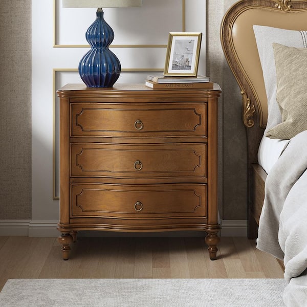 JAYDEN CREATION Egmund Traditional 3-Drawer Nightstand with Solid Wood Legs and Built-In Outlets-Seadrift