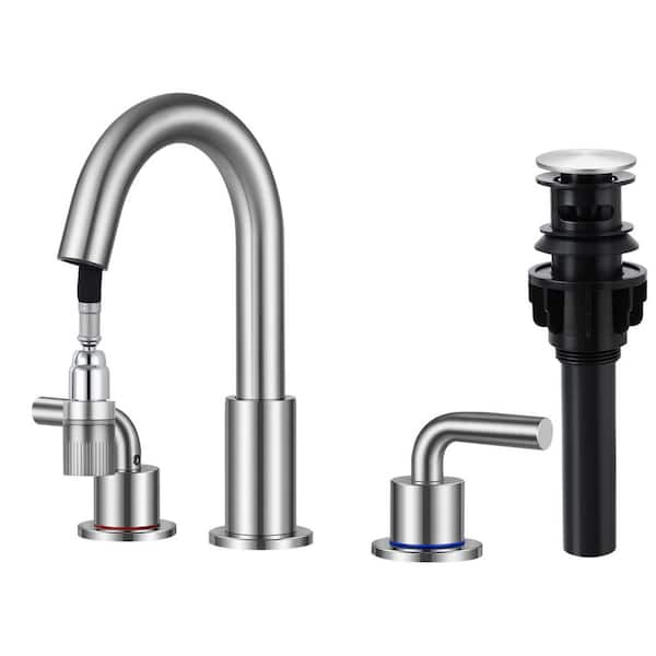 AKLFGN 8 in. Widespread Double Handle Bathroom Faucet 3 Hole Pull Down Sink Faucet with Pop-Up Drain in Brushed Nickel