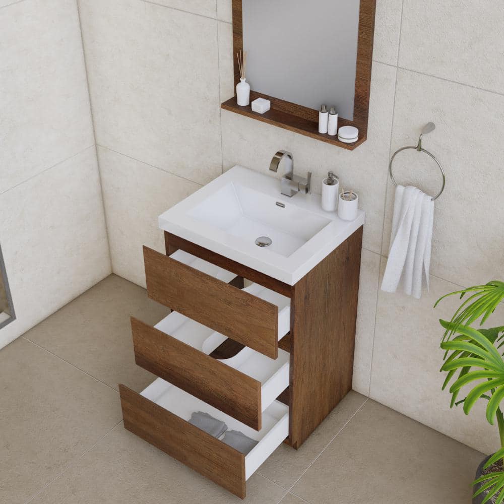 Rosewood Brown 24" Freestanding MDF Bathroom Vanity with White Sink
