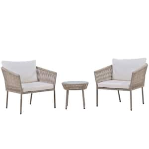 3-Pieces Beige Wicker Woven Rope Patio Conversation Set with White Cushion