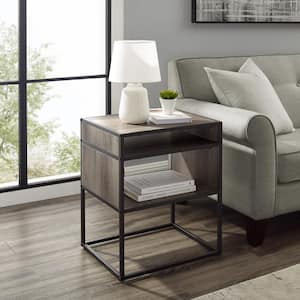 20 in. Grey Wash Metal and Wood Side Table with Open Shelf