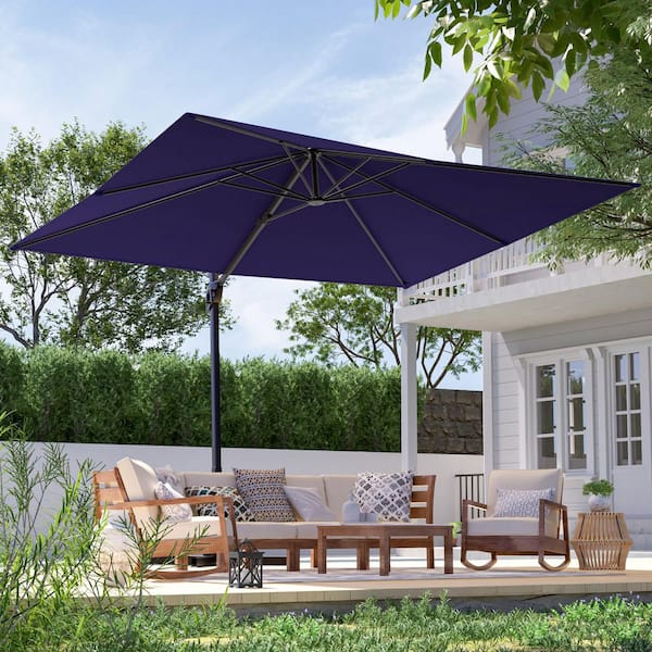 10 x 8 ft. Metal Rectangle Cantilever Patio Umbrella Solution-Dyed Fabric and 360° Rotation System in Navy Blue