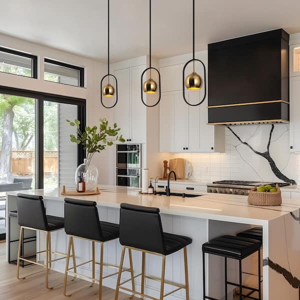 Zevni 1-Light Black Kitchen Island Globe Pendant Light, Brass