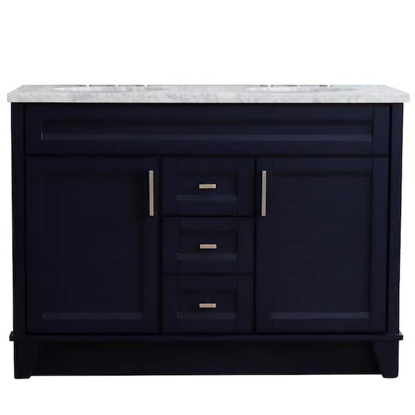 Bellaterra Home 49 in. W x 22 in. D Double Bath Vanity in Blue with Marble Vanity Top in White Carrara with White Oval Basins