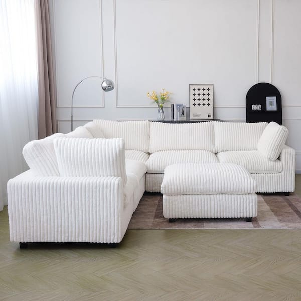 118 in. Square Arm Soft Velvet V-Shaped Modular Sofa Lawson Cloud Couch with Ottoman, Washable Covers for Party in White