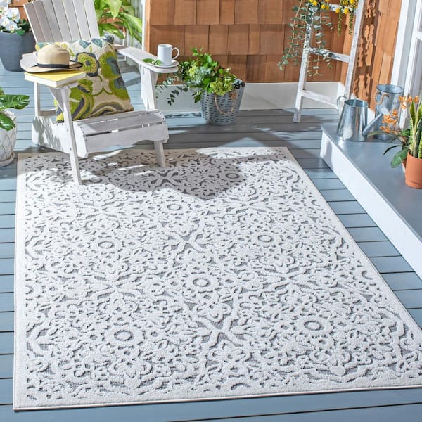 Cabana Ivory/Gray 5 ft. x 8 ft. Border Medallion Indoor/Outdoor Patio  Area Rug