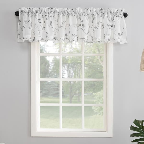 Delia Embroidered Floral White Polyester 50 in. W x 17 in. L Rod Pocket Sheer Curtain Valance (Single Panel)