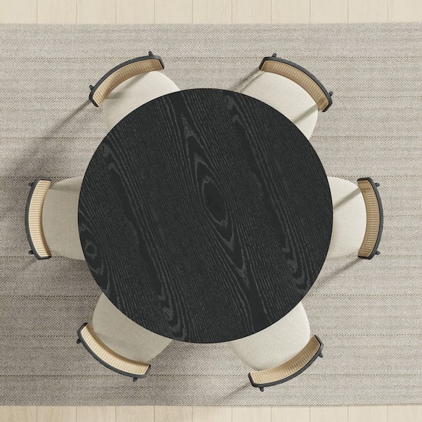 Lirago Cone Black Colored Wood 52" Column Base Wide Strip Round Edge Dining Table for 6