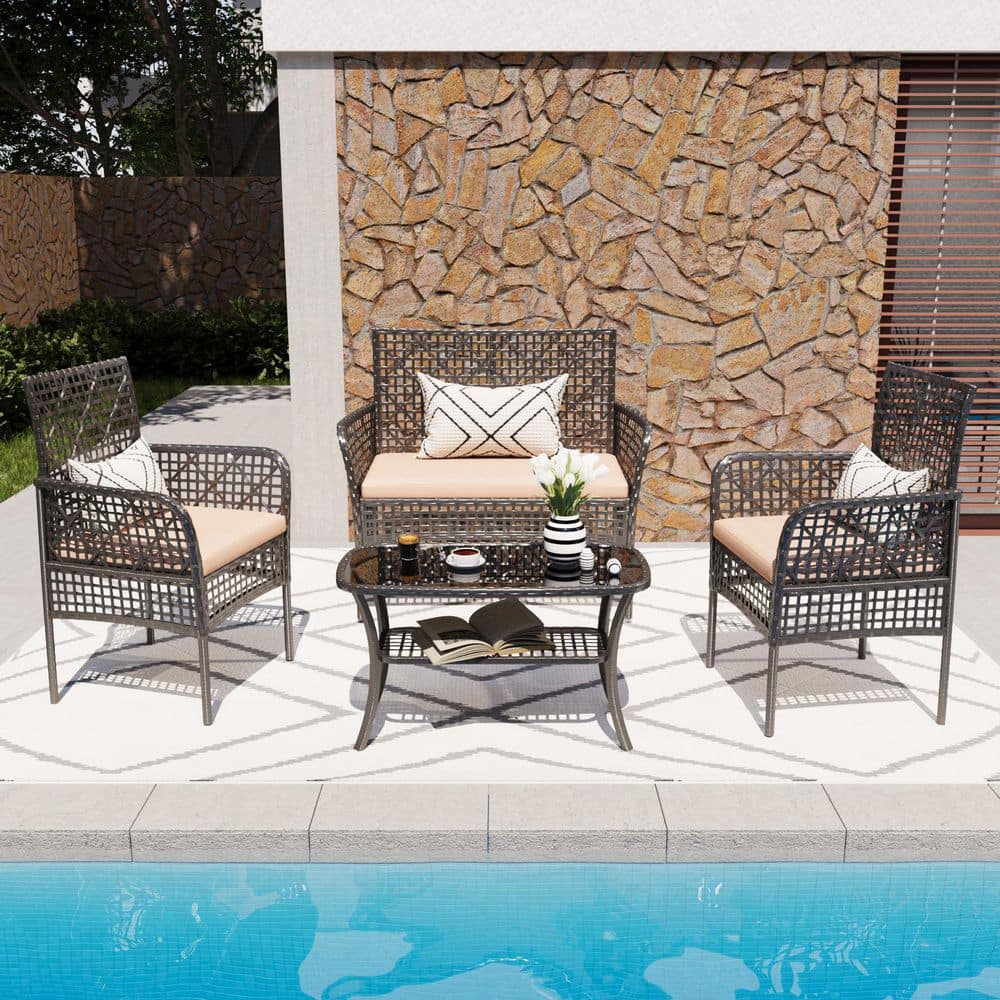 4-Piece PE Rattan Wicker Outdoor Patio Conversation Set with Beige Cushions