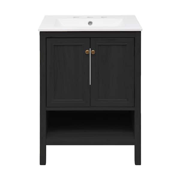 Chateau 24 in. Freestanding Bath Vanity in Black Oak with White Ceramic 3-Hole Widespread Sink Top