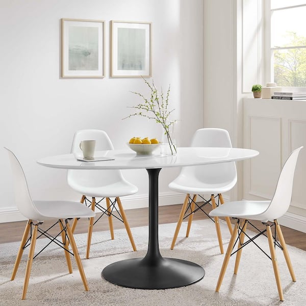 Lippa Oval Black White MDF Wood 60 in. Pedestal Base Dining Table for 6