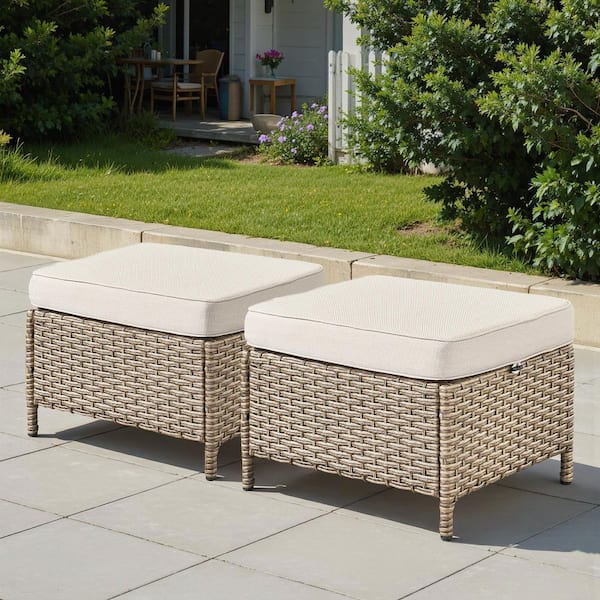 TimberLeg Light Yellow Wicker Outdoor Ottoman with Beige Cushions and Side Buckle Straps (2-Pack)