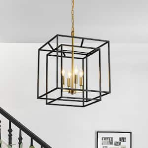 Libertab Modern 4-Light Square Frame Chandelier with Adjustable Height and Antique Brass Accents