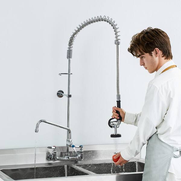 Wall-Mounted Kitchen Faucet Double Handle Pull Down Sprayer Kitchen Faucet 47 in. Tall 8 in. Apart in Silver