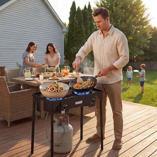 2 Burner Outdoor Propane Gas Stove, 150,000 BTU LPG Camping Cooker, Durable Carbon Steel with Wind Shield, Tall Stand