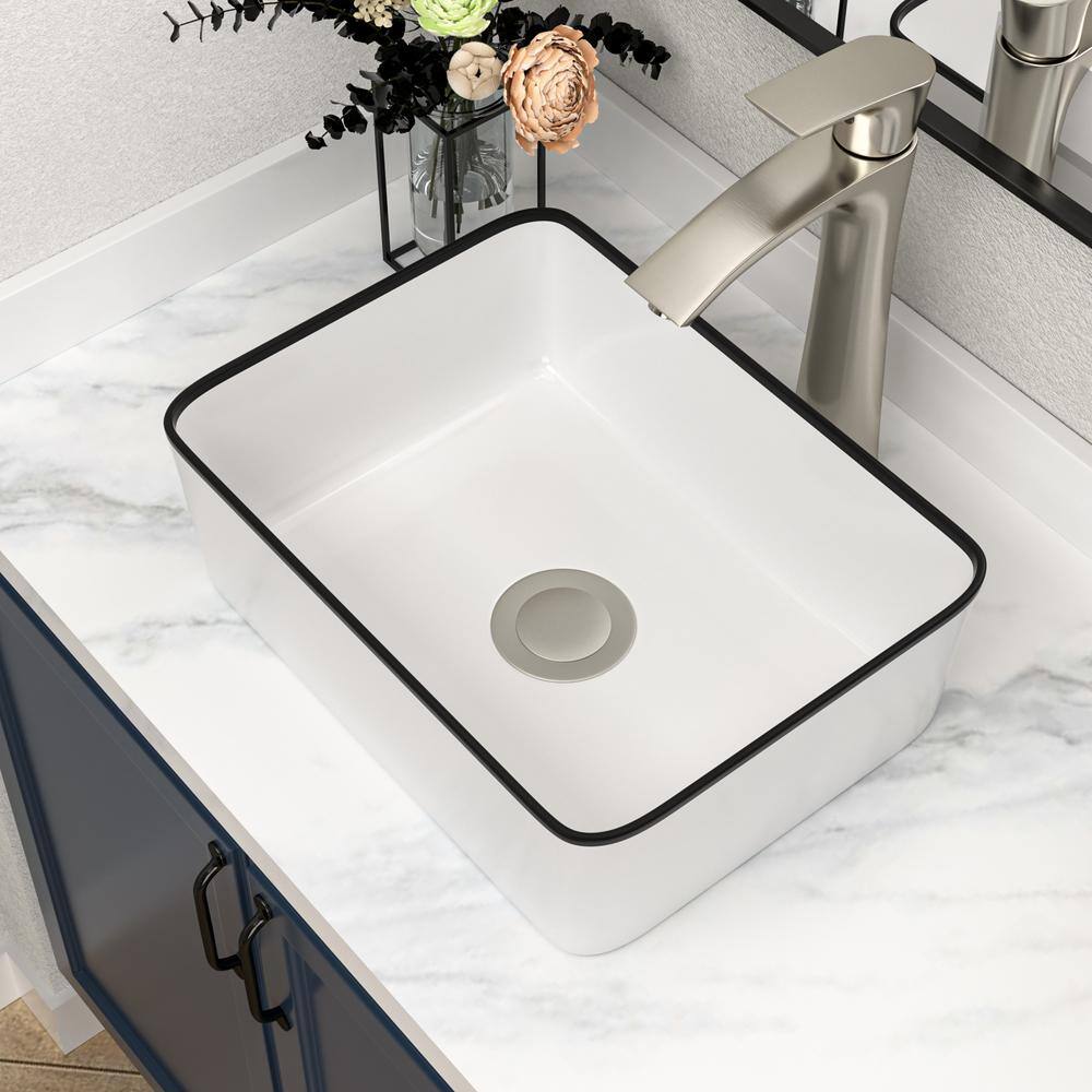 16 x 12 Inch White Ceramic Rectangular Vessel Sink with Black Rim
