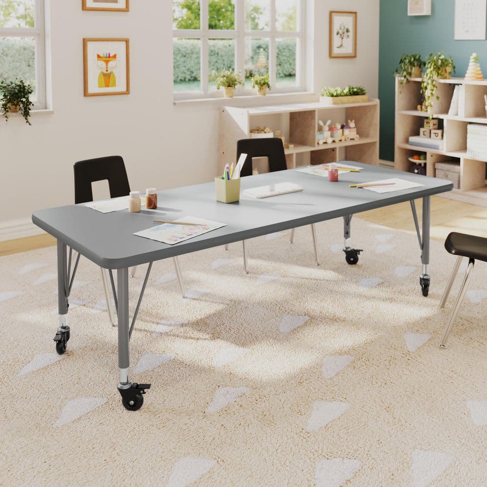 Wren Adjustable Gray Top/Silver Frame Rectangle Kids Activity Table with Thermal Laminate Top for 4