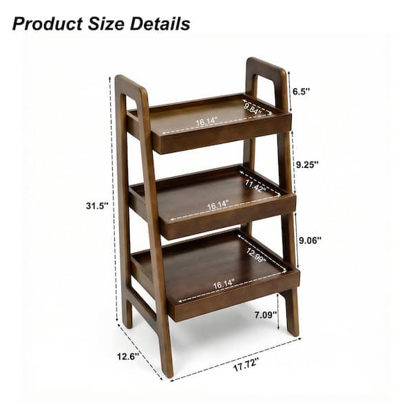 Galvion 31.5 in. Tall Modern Walnut Solid Wood 3-Tier Ladder Bookcase Side Table with Open Storage