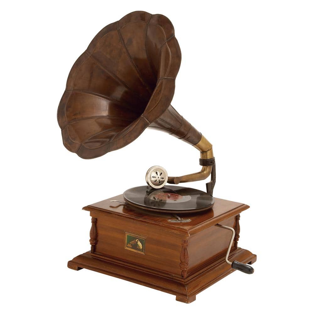 Vintage Brown Wood and Metal Gramophone with Record