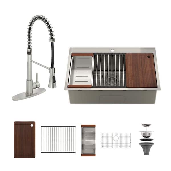 31 in. Drop-in Single Bowl 18-Gauge Brushed Stainless Steel Kitchen Sink with Pull Out Faucet with Accessories