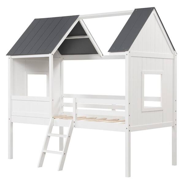 Gymax Twin Low House Bed Wooden Loft Bed with Ladder Roof Windows ...