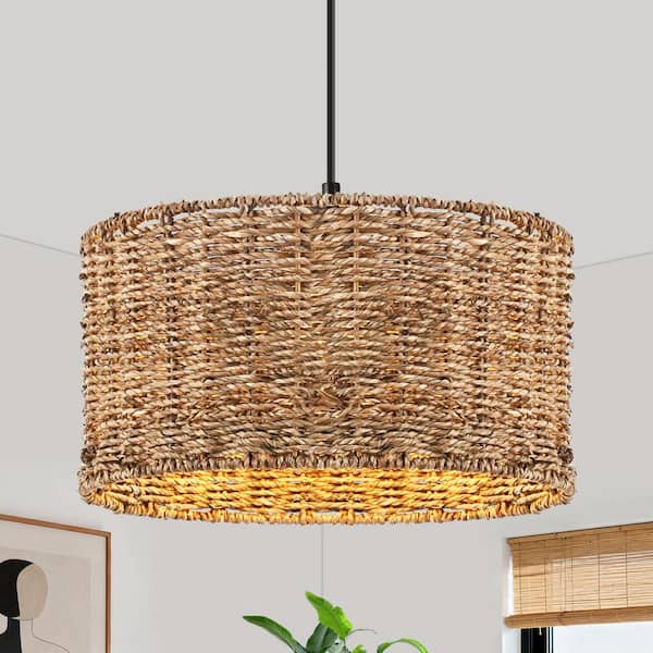 11.8 in. 1-Light Black and Natural Pendant Light with Rattan Shade, No Bulbs Included